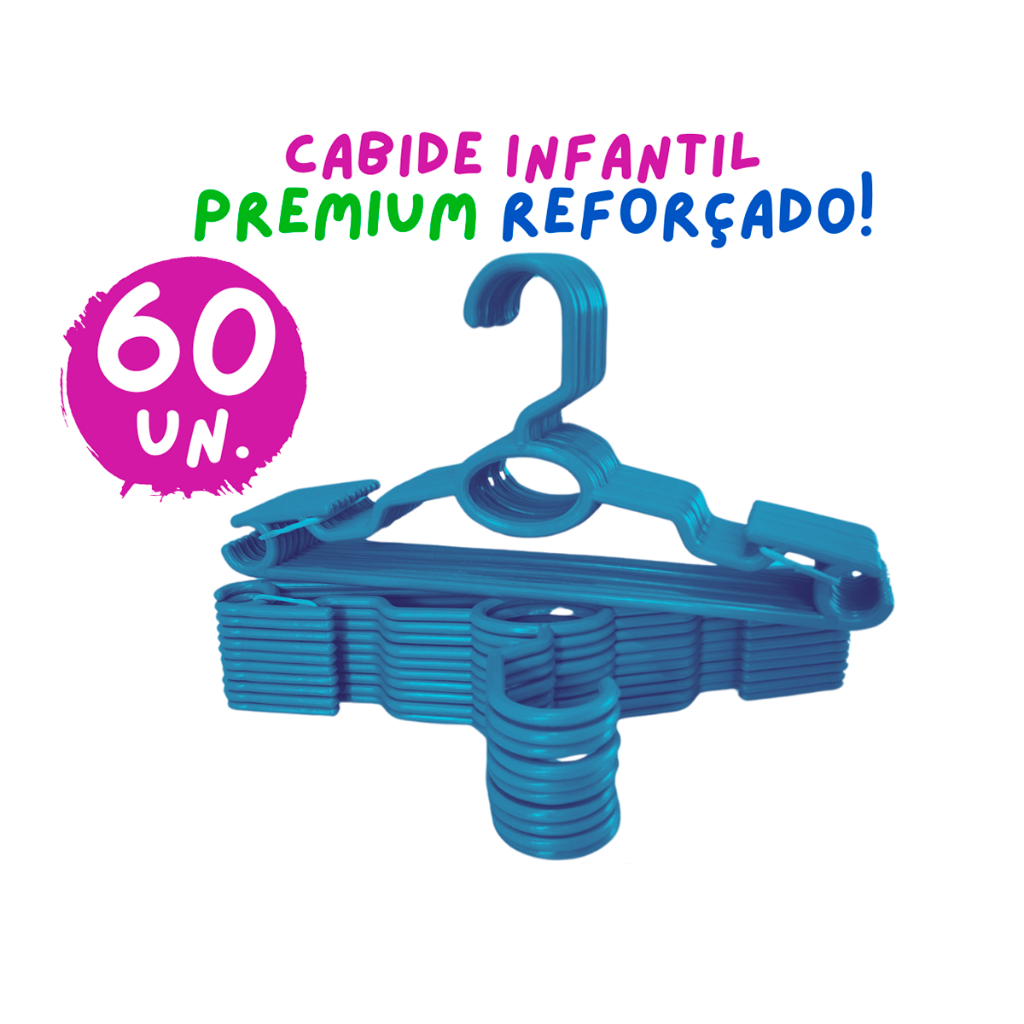 Kit 60 Cabides Infantil Bebê Baby Reforçado Azul Plástico Cruzeta Roupa Resistente Premium