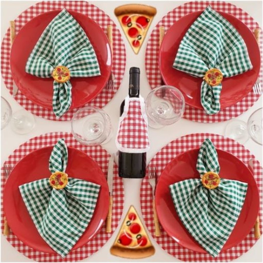 Kit 24 Peças Completo Pizza Xadrez Sousplat 35 cm + MDF + Porta Guardanapo + Guardanapo 30cm x30cm