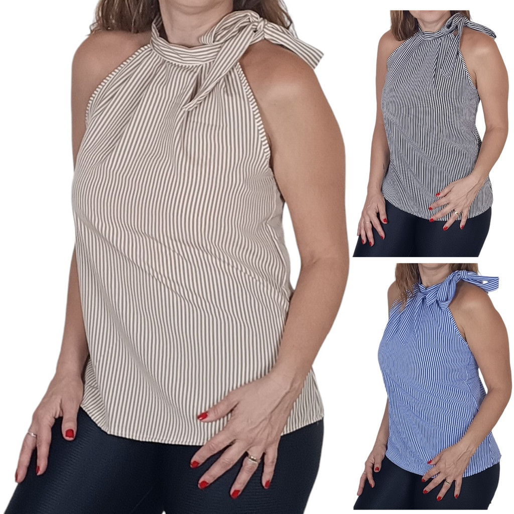 Blusa Feminina Listrada Gola Laço no Pescoço de Amarrar sem Mangas Elegante Social