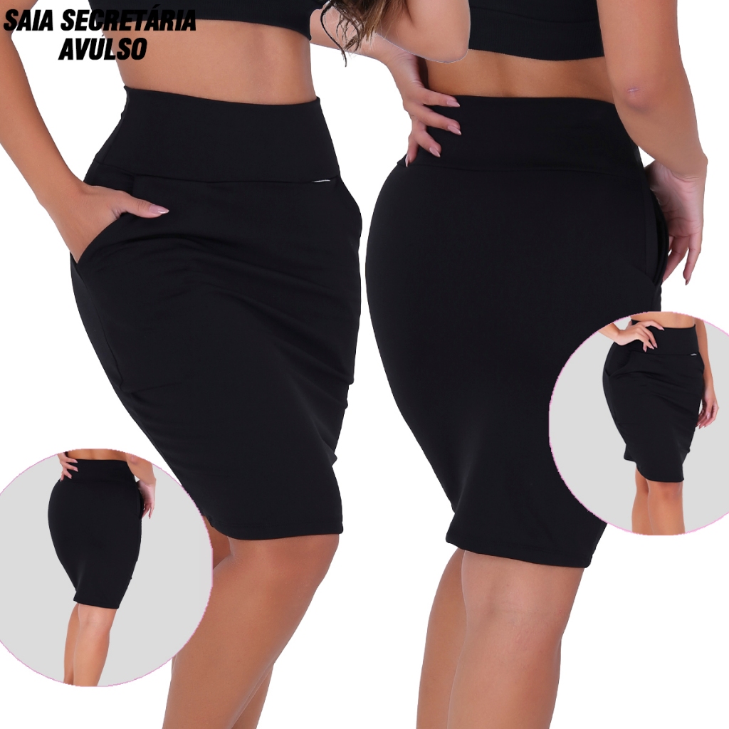 Saia Evangelica Secretária com Bolsos Tecido Suplex Felpado Cintura Alta em Oferta na Shopee