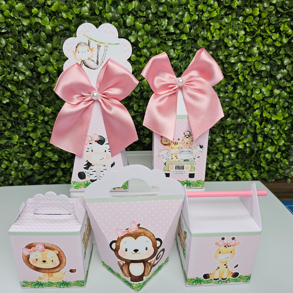 Kit Caixa Montada SAFARI MENINA ROSA - Personalizados - Festa infantil - Aniversário - Lembrancinha
