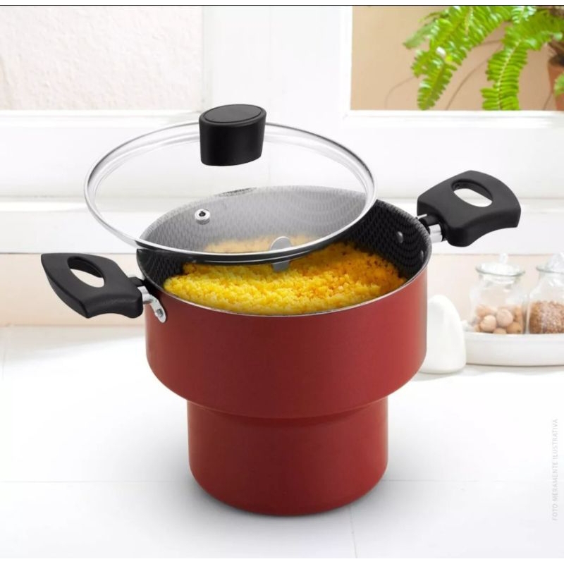 Cuscuzeira Antiaderente Cereja Com Tampa De Vidro Teflon Cuscuz Legumes N16