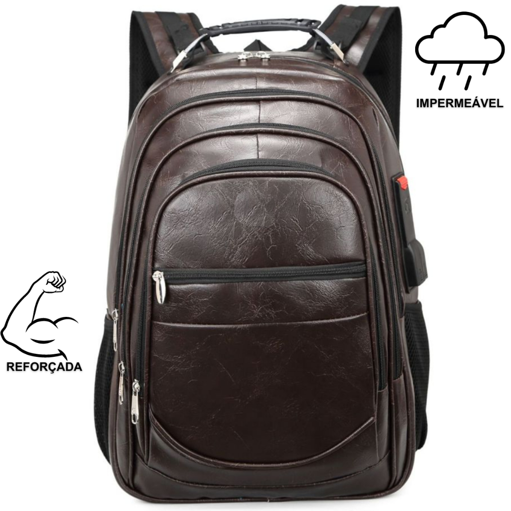 Bolsa Mochila de Couro Universitária Unissex Grande Reforçada Com Cabo de Aço Média e Grande Marrom em Oferta na Shopee