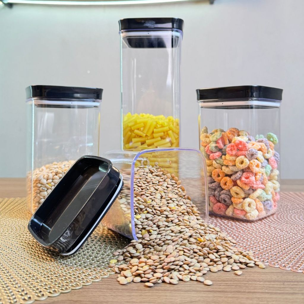 Conjunto de Potes Herméticos de Acrílico com Tampa - Conjunto Organizador para Cozinha com 4 Peças (2.2L, 1.2L, 800ml)