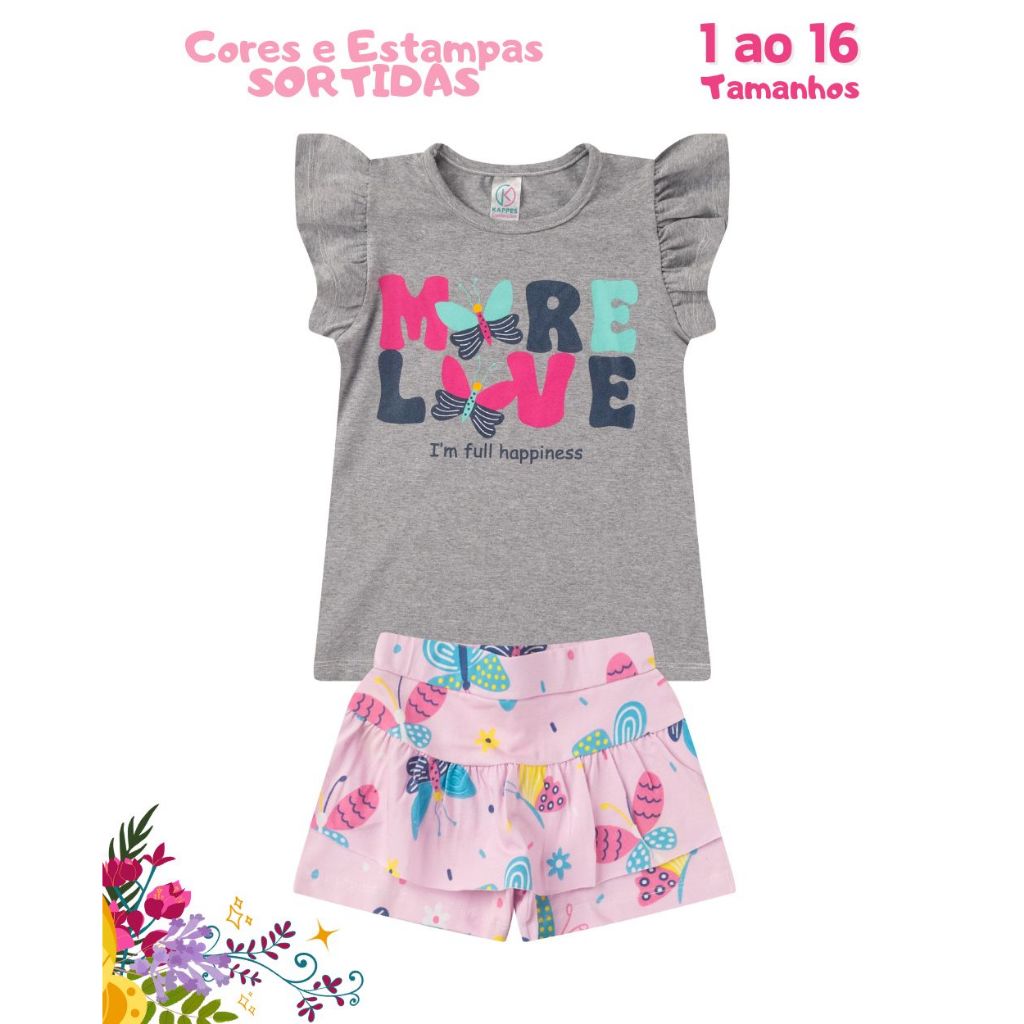 Conjunto Verão menina infantil e juvenil com BLUSA BABADO E SHORTS SAIA 1 ao 16