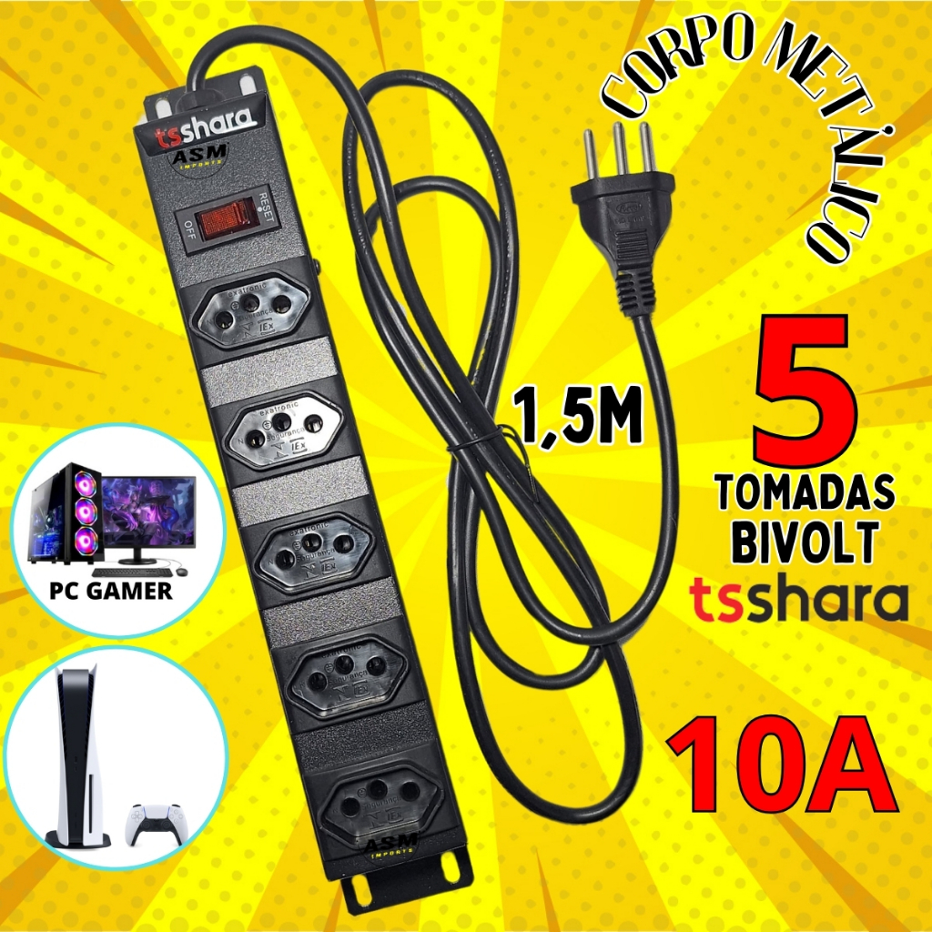 Filtro de Linha com 5 ou 3 Tomadas 10A Bivolt Regua Eletrica 3Pinos Cabo 1,5Metro Ts Shara Alta Qualidade