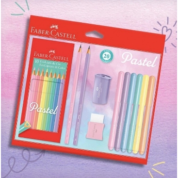 Kit Tons Pastel Faber-Castell Lápis de Cor + Canetinhas + Borracha + Apontador + lápis de escrever