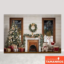 Fundo Fotográfico Natal Cenário Lareira Rústica Painel para Fotos Em Tecido Sublimado - FNT-807