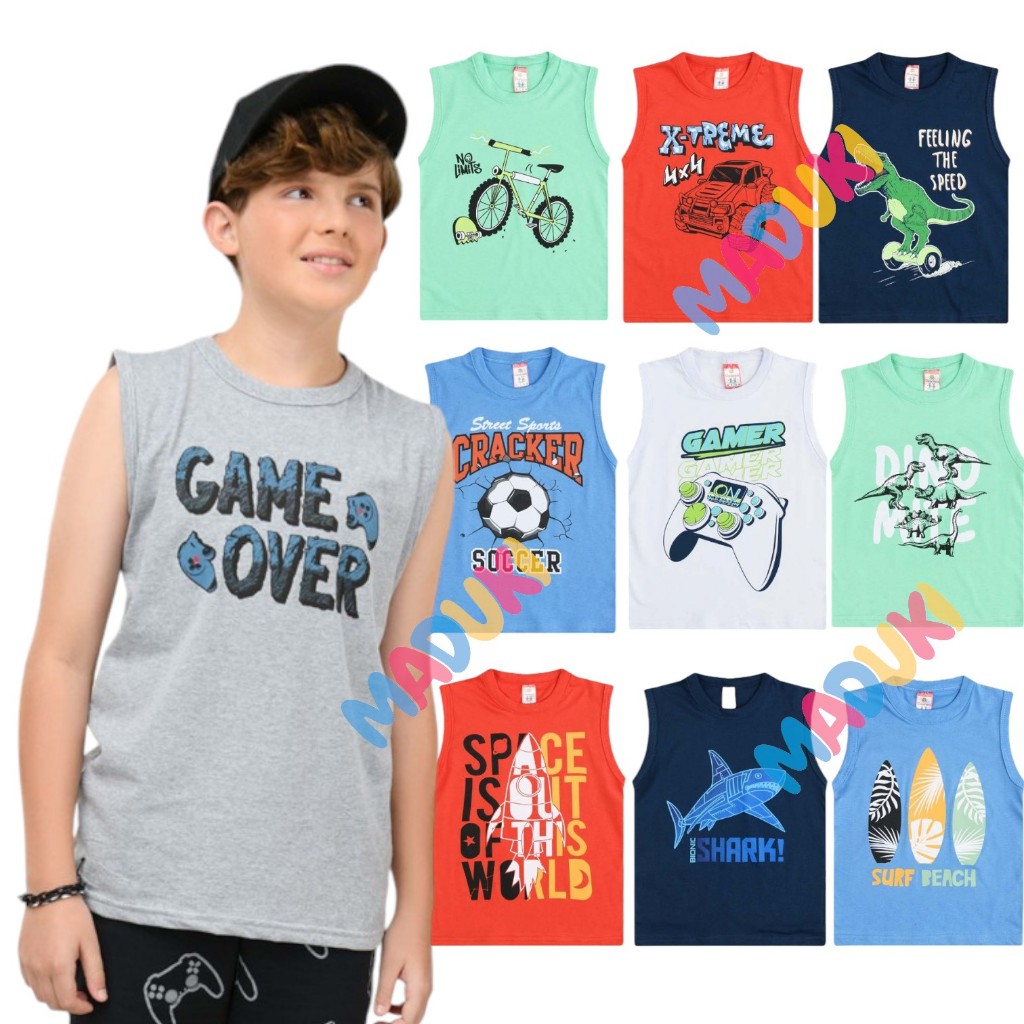 Kit 5 Regatas Infantil Juvenil Menino Roupa Masculino Verão 1 a 10
