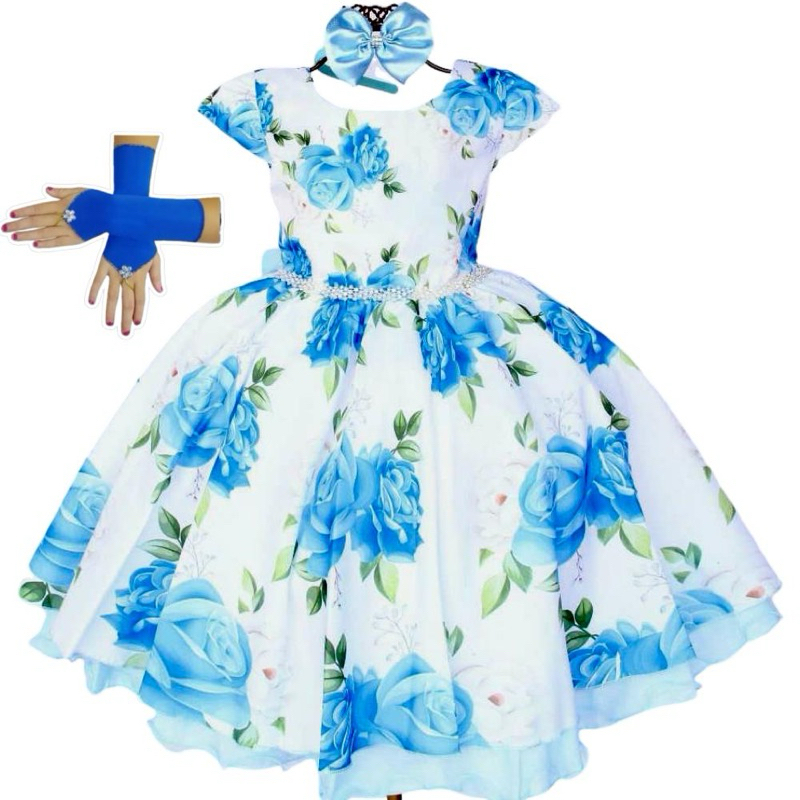 Vestido Infantil Festa Juvenil Chiquititas Azul Royal Florista 4 Ao 16 E Luvas