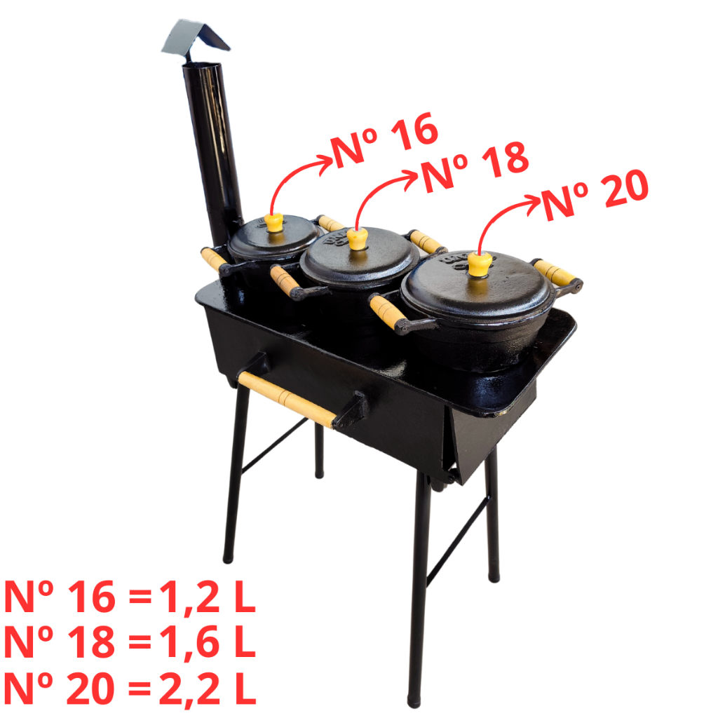Fogão A Lenha 3 Bocas, Chaminé, Pés Aço Carbono, + KIT 3 Panelas Ferro Tampa de Ferro Nº16,18,20