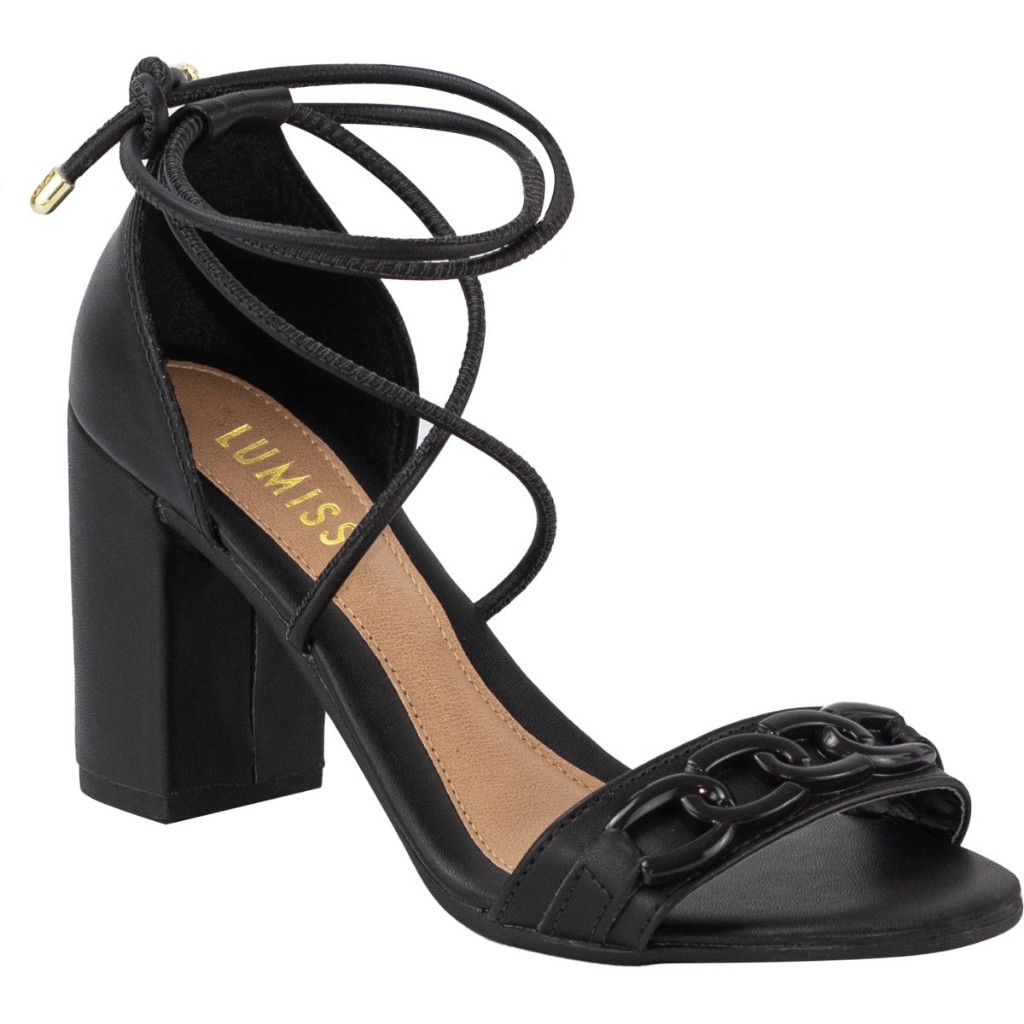 Sandália Feminina Lumiss Salto Alto Grosso Confortável Amarração Corrente Blogueira Preto em Oferta na Shopee