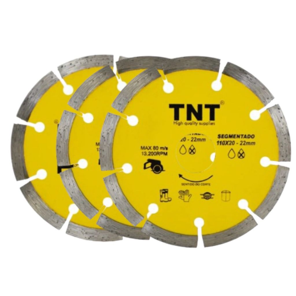 Kit 3 Discos Diamantados Segmentados TNT 110mm - Corte Preciso para Concreto e Alvenaria