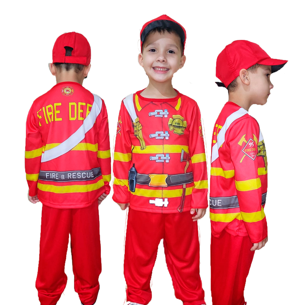 Fantasia Bombeiro Infantil Com Boné Unissex Criança Luxo Barato 3 a 10 Anos