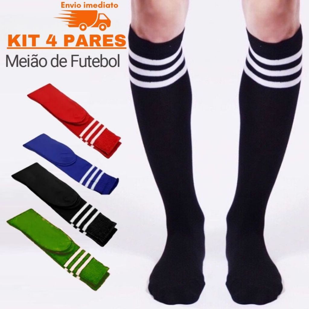 Meião de Futebol Cano Alto Listras Meia Jogador Adulto Esporte Treino Kit 2 e 4 Pares