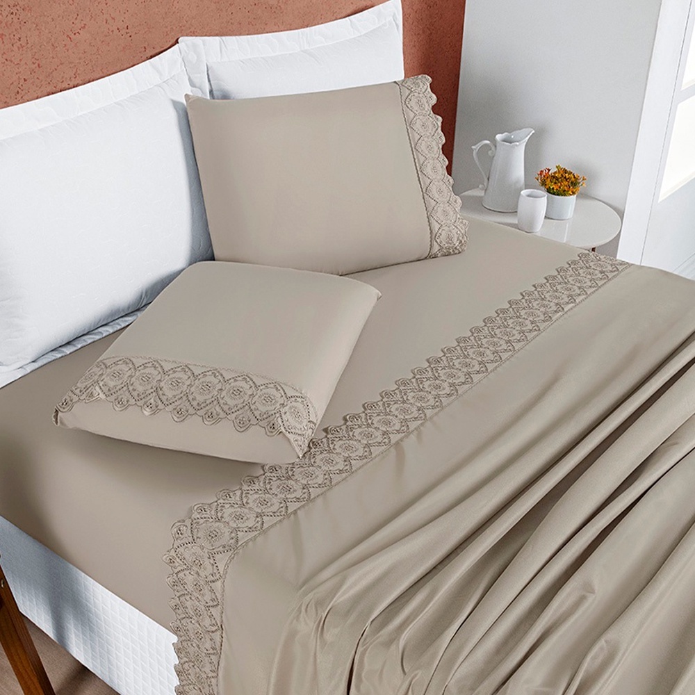 Jogo de Lençol 4 Peças King/Queen Size/Casal Padrão/Solteiro Percal 200 Fios Lese Bordado ...