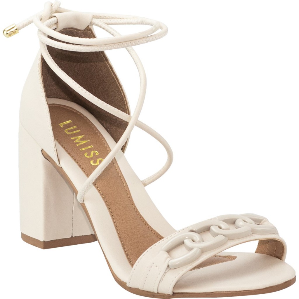 Sandália Feminina Lumiss Salto Alto Grosso Confortável Amarração Corrente Blogueira Off White em Oferta na Shopee