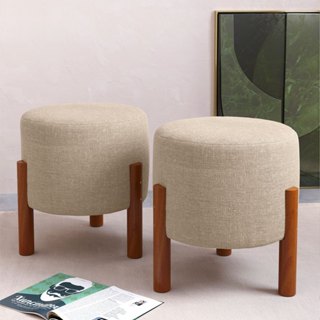 2 Puf Puff Redondo com Pés em Madeira 35x35cm Tecido Linho cor Palha em Oferta na Shopee