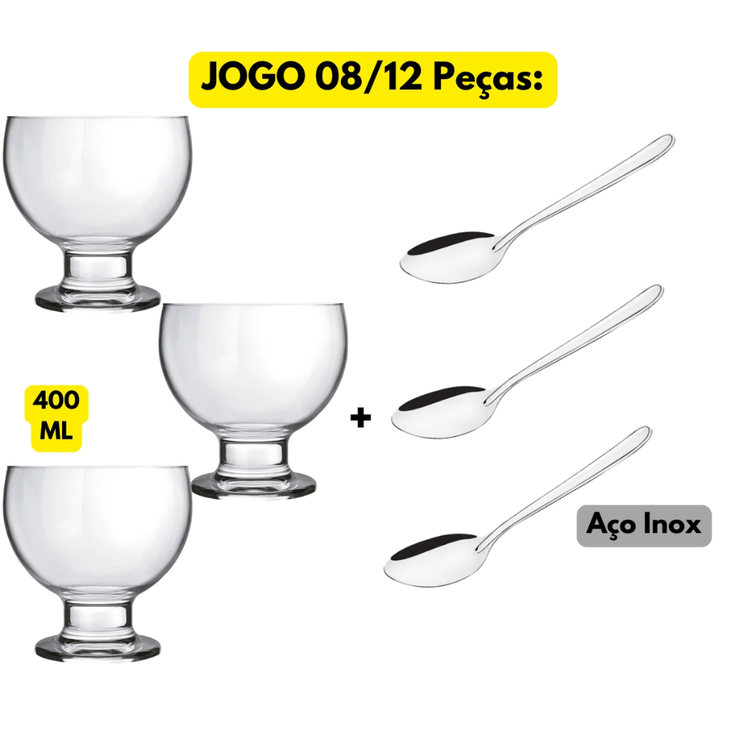 Jogo Kit 08/12 Peças Taça Vidro Transparente Paulista 400ML + Colher Inox Sobremesa Oriente Buffet