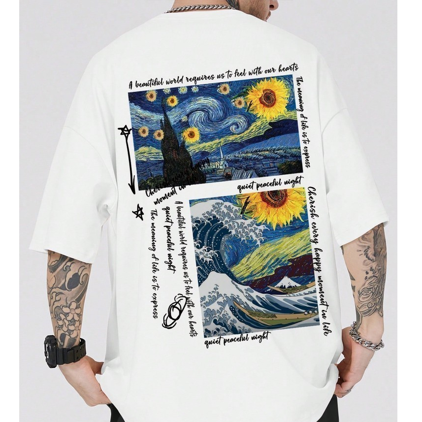 Camiseta Estilo Pintor Girassóis Blusa Streetwear Van Gogh Camisa Skatista T-shirt Algodão 100% Moda Clássico Pintura