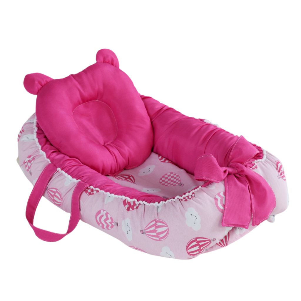 ninho redutor de berço bebe menina balão pink + almofada anatômica