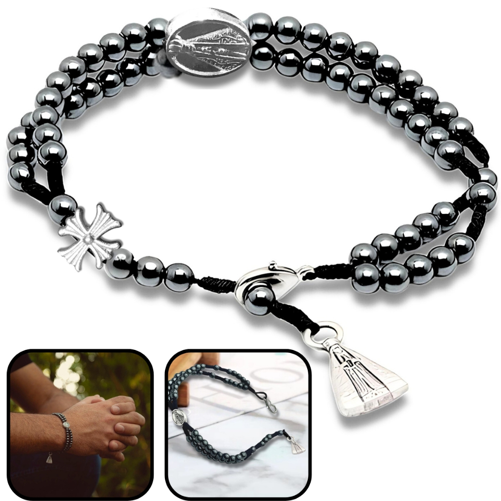 Pulseira Terço de Pulso Hematita Nossa Senhora Aparecida