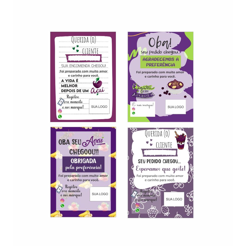 200 Cartões personalizados de agradecimento ao cliente - Açaí