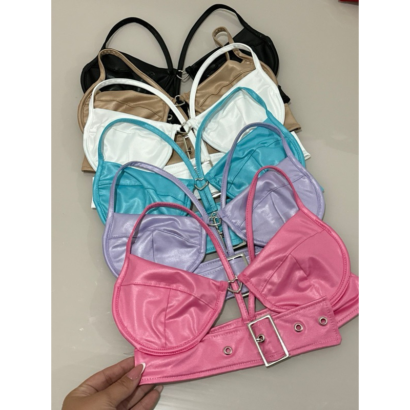 Cropped Luiza em Cirrê Acetinado com aro de sustentação, fivela e detalhe em coração em Oferta na Shopee