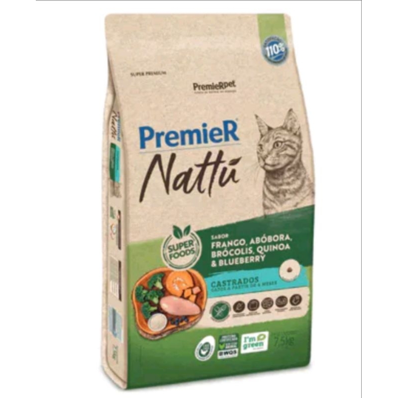 Ração Premier Nattu Gato Adulto Castrado Abóbora 7,5kg Val 01/27