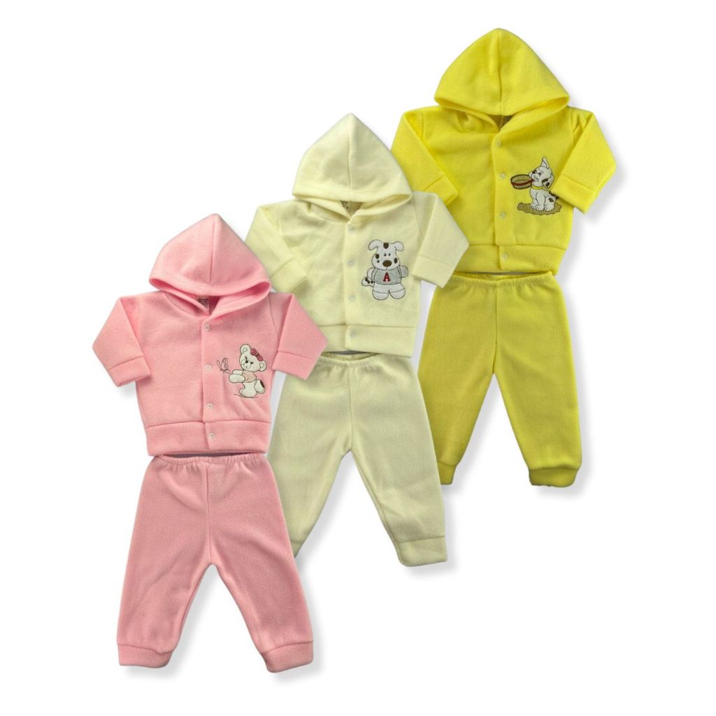 Kit 6 Peças Conjunto de Bebe Soft Liso Estampado Com Capuz Frio Inverno Menino e Menina