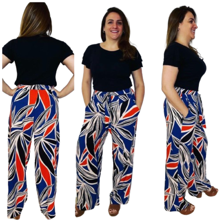 Calça Feminina Pantalona em Viscose com forro estampada azul Raquel