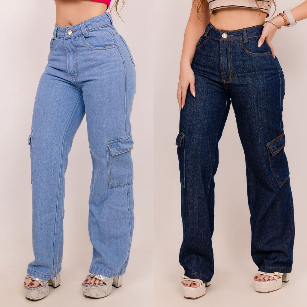 Calça Wide Leg Cargo Bolso Cargo Cintura Alta Tecido 100% Algodao Calça Jeans Feminina Calça Feminina Premium