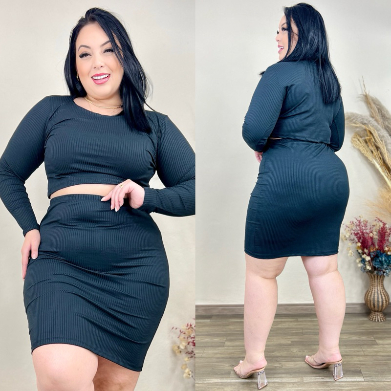 CONJUNTO CANELADO LORENA CROPPET + SAIA de em Oferta na Shopee