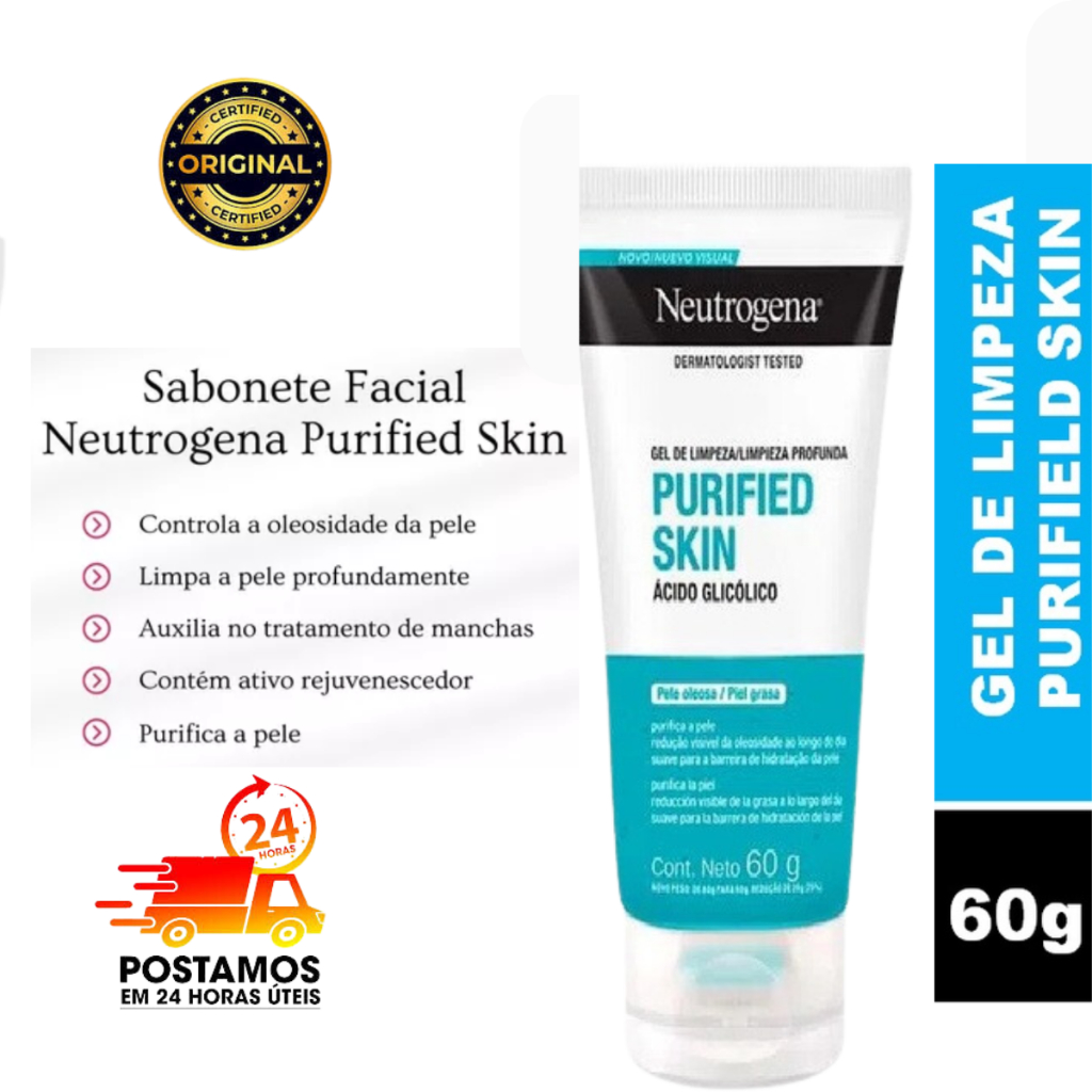 Neutrogena gel de limpeza profunda refrescannte purified skin ácido glicólico pele oleosa 60g em Oferta na Shopee