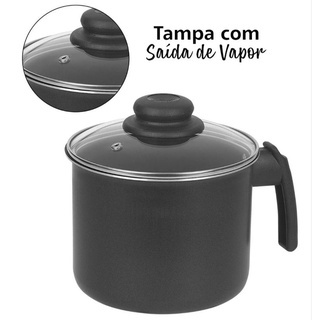 Caneco Leiteira Alumínio Teflon Antiaderente 14 cm com tampa de vidro.