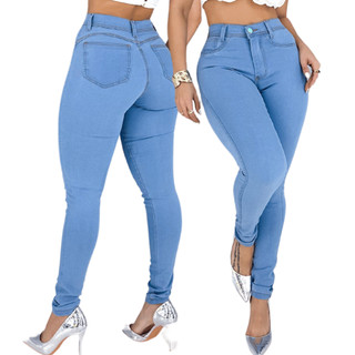Calça Jeans Feminina Clara Cintura Alta Com Lycra Elastano Moda Empina Bumbum Lavagem Pre…