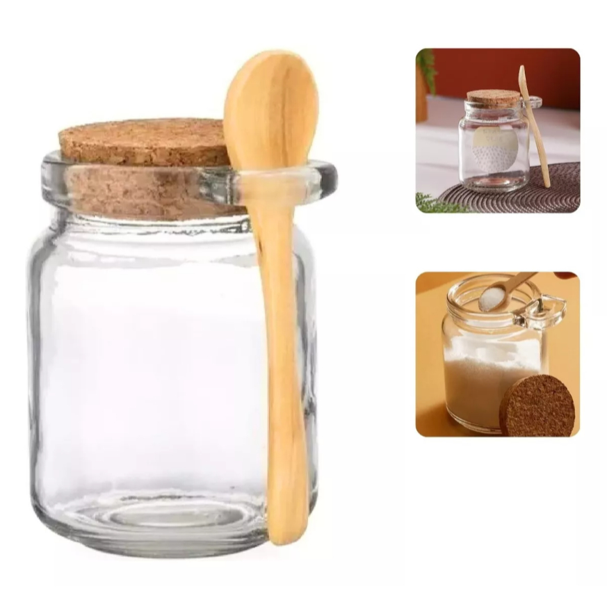 Potes de Vidro 220ml com Colher de Bambu – Porta Temperos, Sal, Açúcar, Mel | Kit 6 ou 12 Unidades em Oferta na Shopee