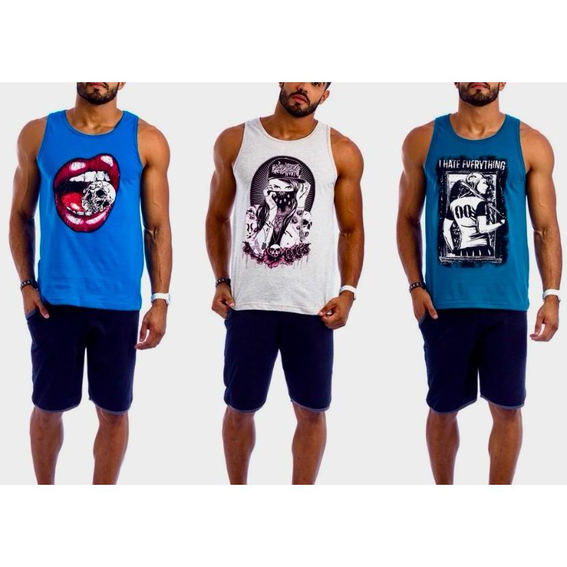 Kit 03 Camiseta Regata Masculina Estampada 100 % Algodão Praia, Verão, Academia Tendência Casual (Estampas Variadas)