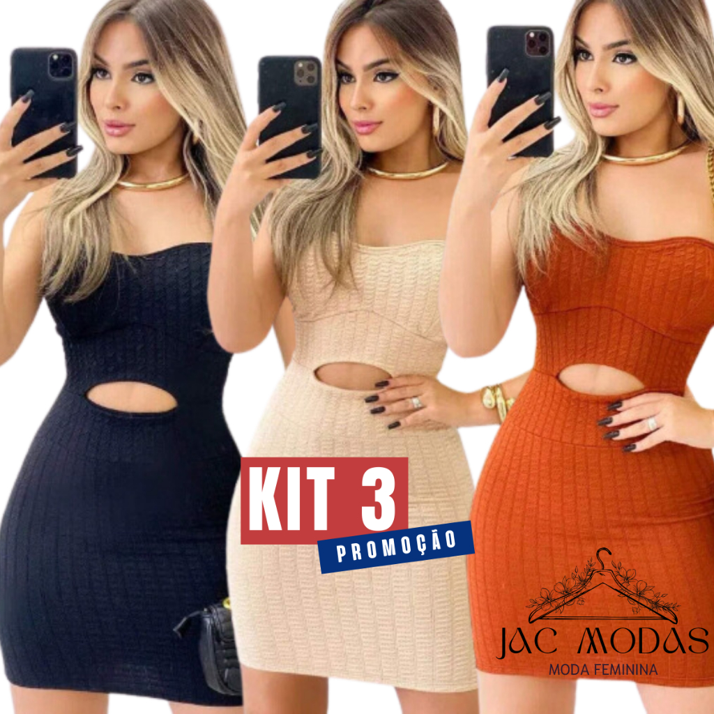Kit 3 Vestido Feminino Midi Tomara Que Caia Moderno Justo Ajusta ao Corpo Decote Direto da...