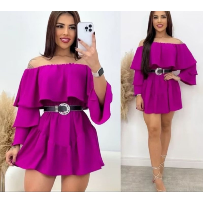 Vestido Macacão Macaquinho,em camadas, macaquinho com babado l, tecido Duna Manga longa Flare Ombro a Onbro