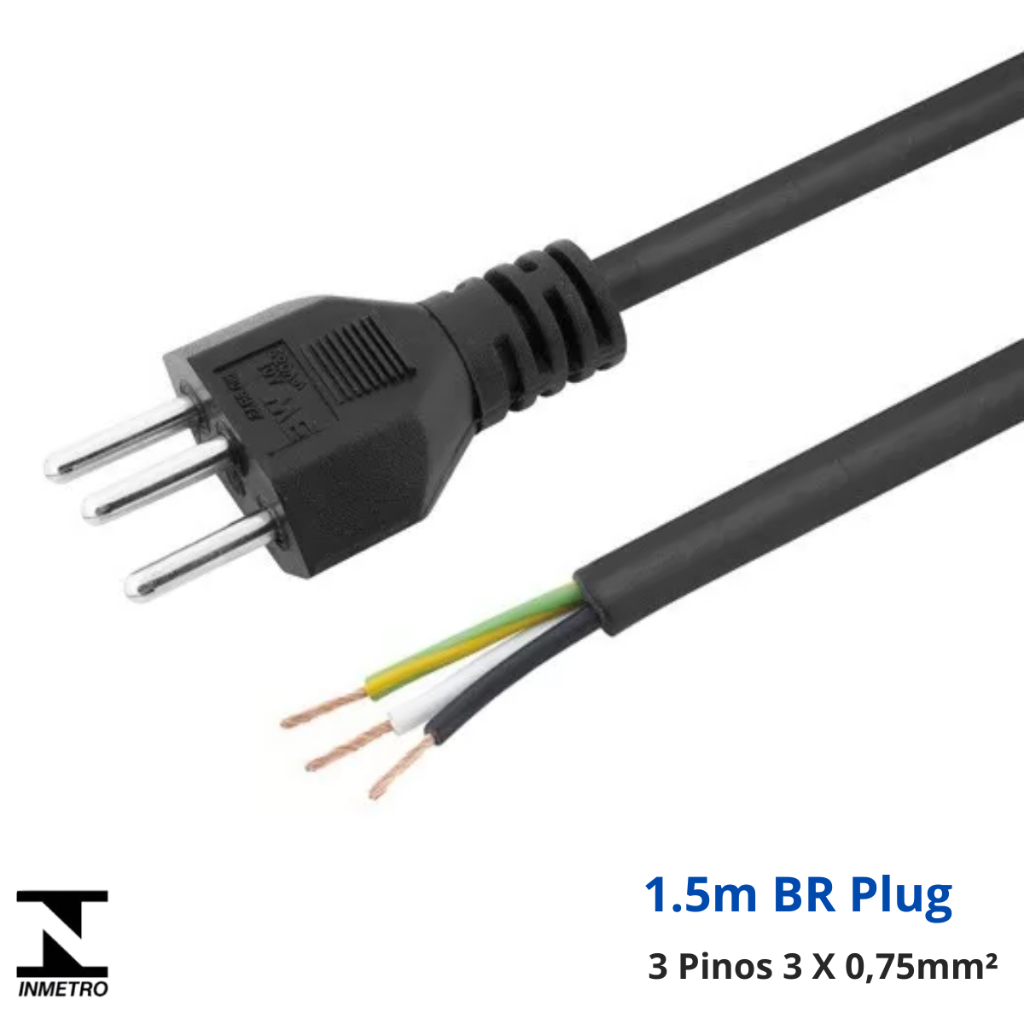 Cabo De Força Energia Tripolar Ac Pc PP Rabicho Bitola 0,75mm Plugue 10 Amperes 1,50 Metros Inmetro