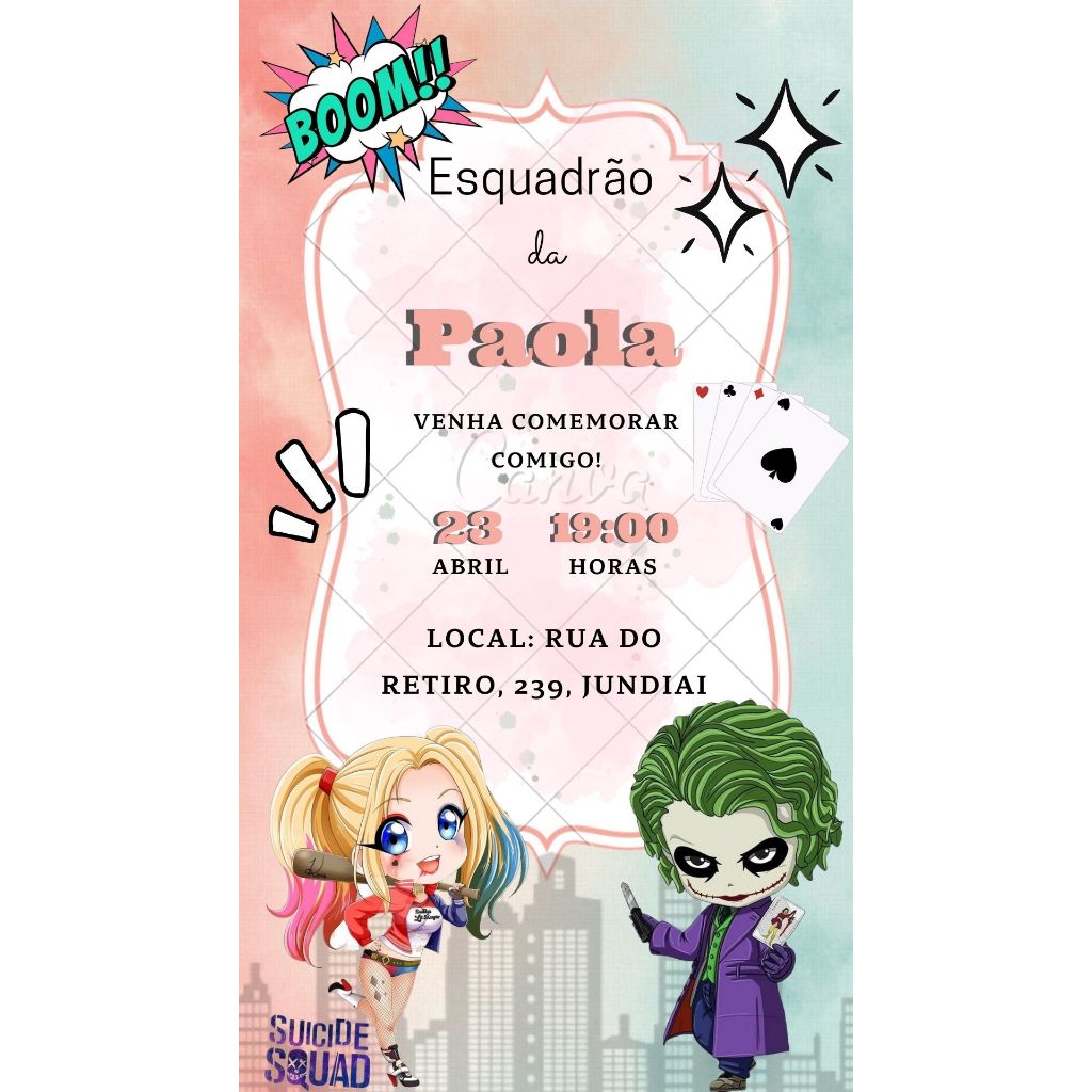 KIT Convite de Aniversário IMPRESSO - Arlequina
