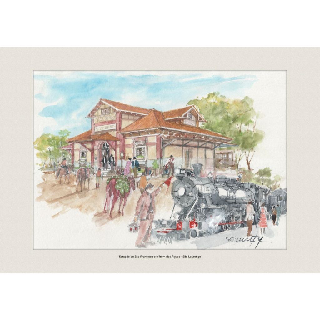Pintura em Aquarela | Estação de São Francisco e o Trem das Águas - São Lourenço | Decoração | A4