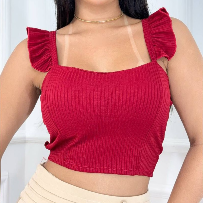 Blusinha Cropped Regata Feminino canelado Alcinha Babado Com Bojo Tendência!