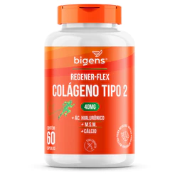 Regener Flex, Colágeno tipo 2 40mg, ácido hialurônico, M.S.M., Cálcio, 60 cápsulas, Bigens