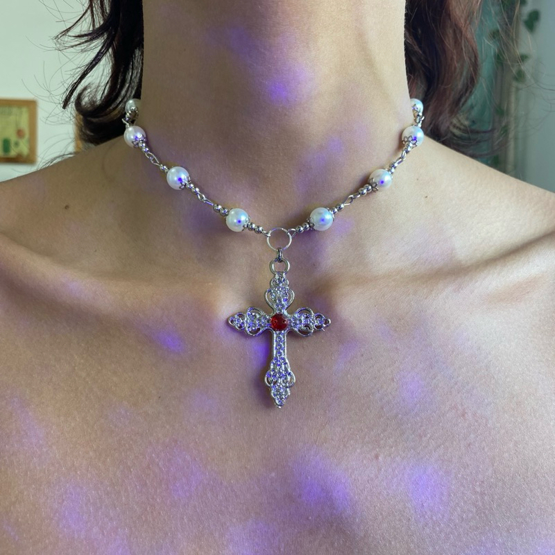 Colar de Pérolas Retro Punk Estilo Dark Aço Inox Pingente de cruz  Corrente Stargirl Aesthetic Gargantilha Gótica