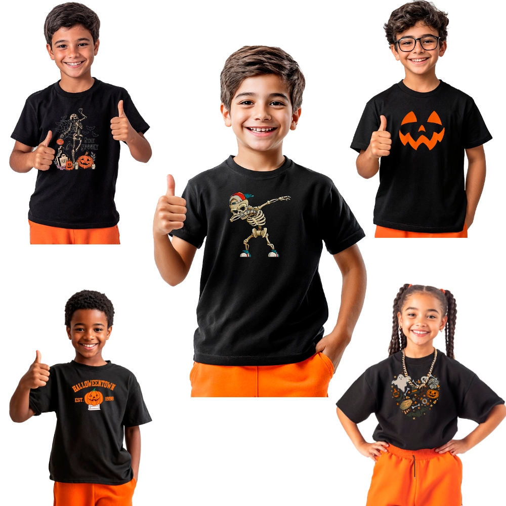 Halloween - CAMISETA camisa Fantasia Infantil Esqueleto Abobora Caveira Personagens