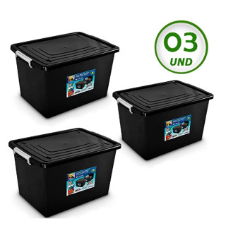 Kit 3 Caixas Organizadoras C/ Tampa e Trava 56 Litros Preta TOY em Oferta na Shopee