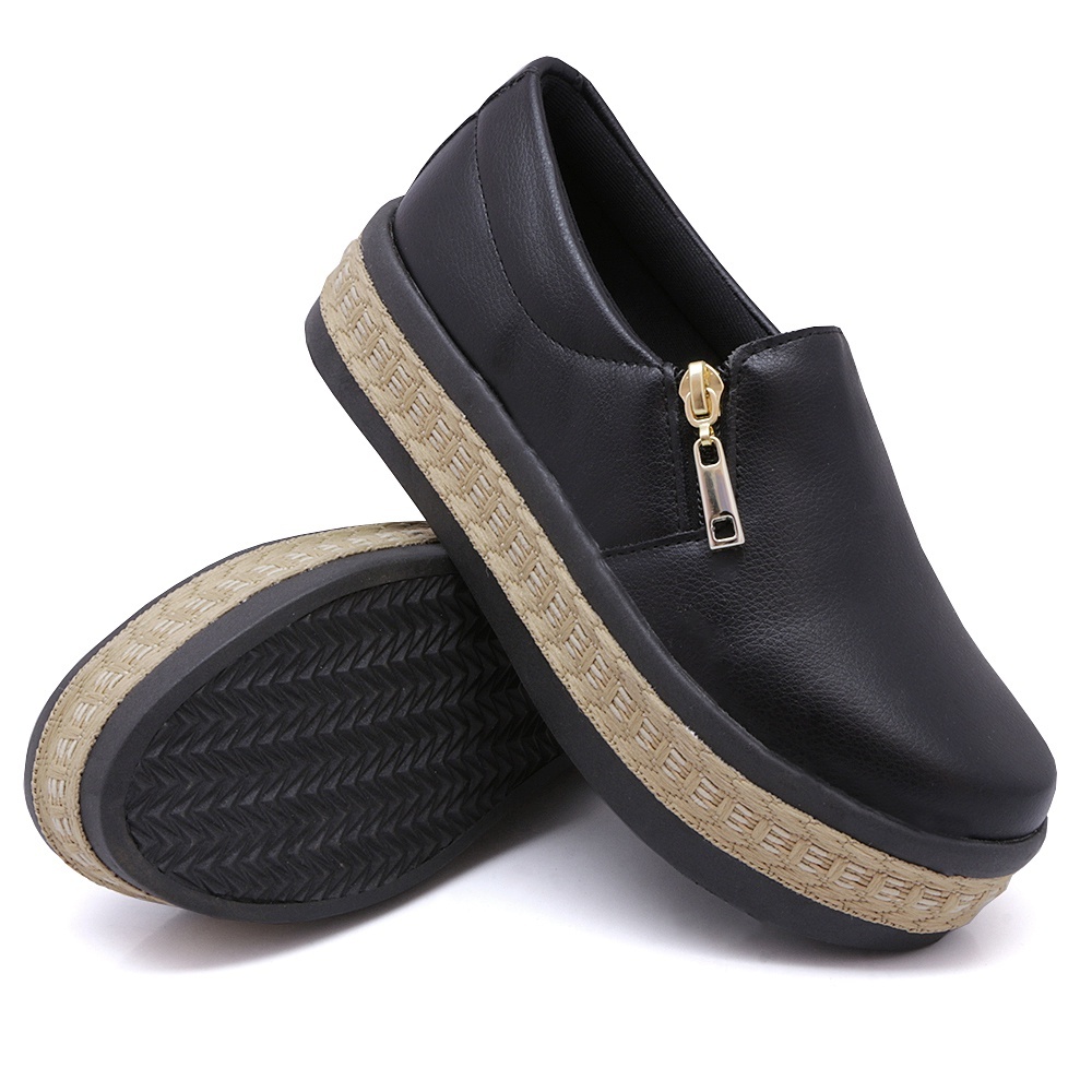 Slip On Plataforma Tenis Casual Iate Feminino DKshoes Modelo Zíper lateral Preto Jeans Claro com Corda