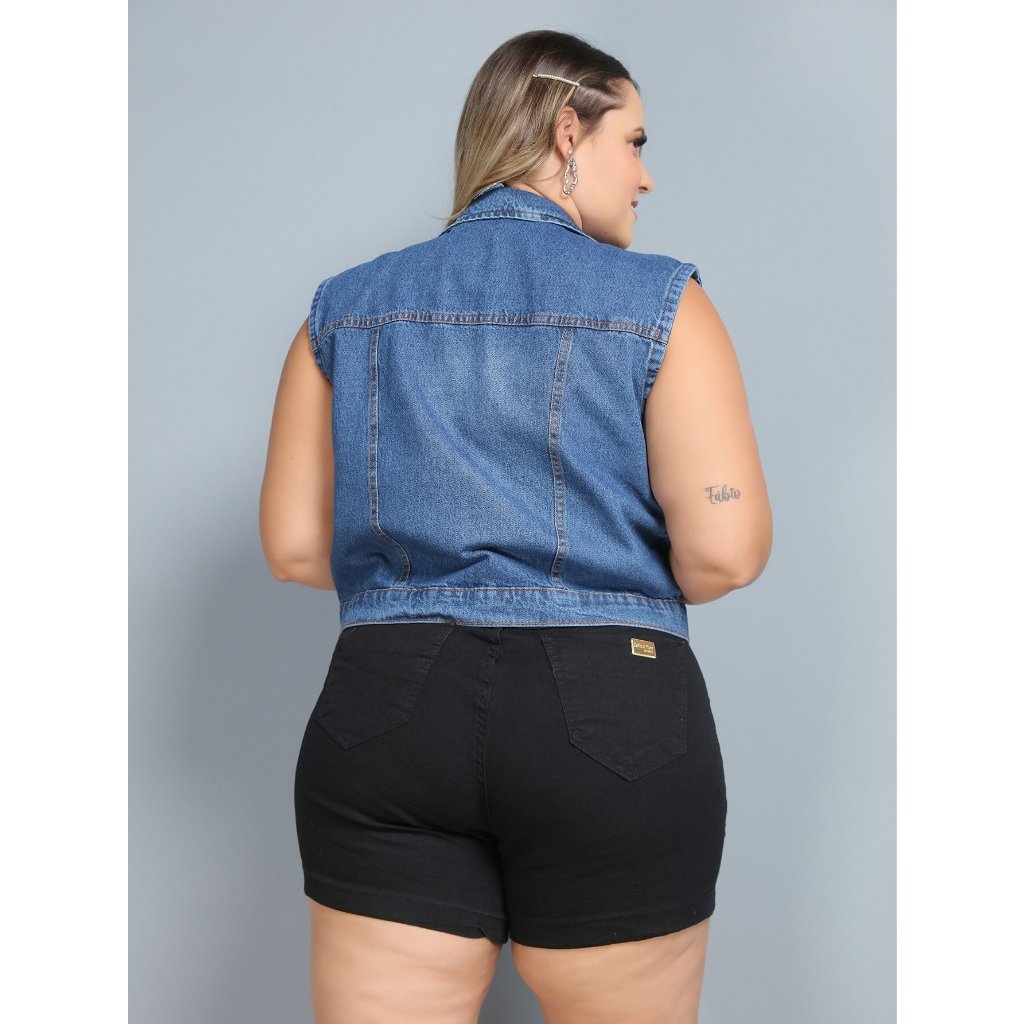 Colete Curto Jeans Feminino Plus Size Vintage Super Estiloso Luxo